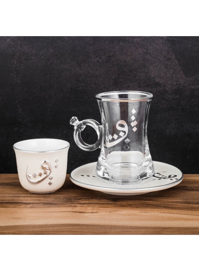 Dania Luxury 18-piece silver-engraved dinnerware set (tea cups + coffee cups + tea saucers) - Image 1